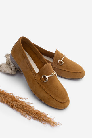 Kadın Hakiki Deri Zincirli Loafer Ayakkabı Tanle - Camel Süet